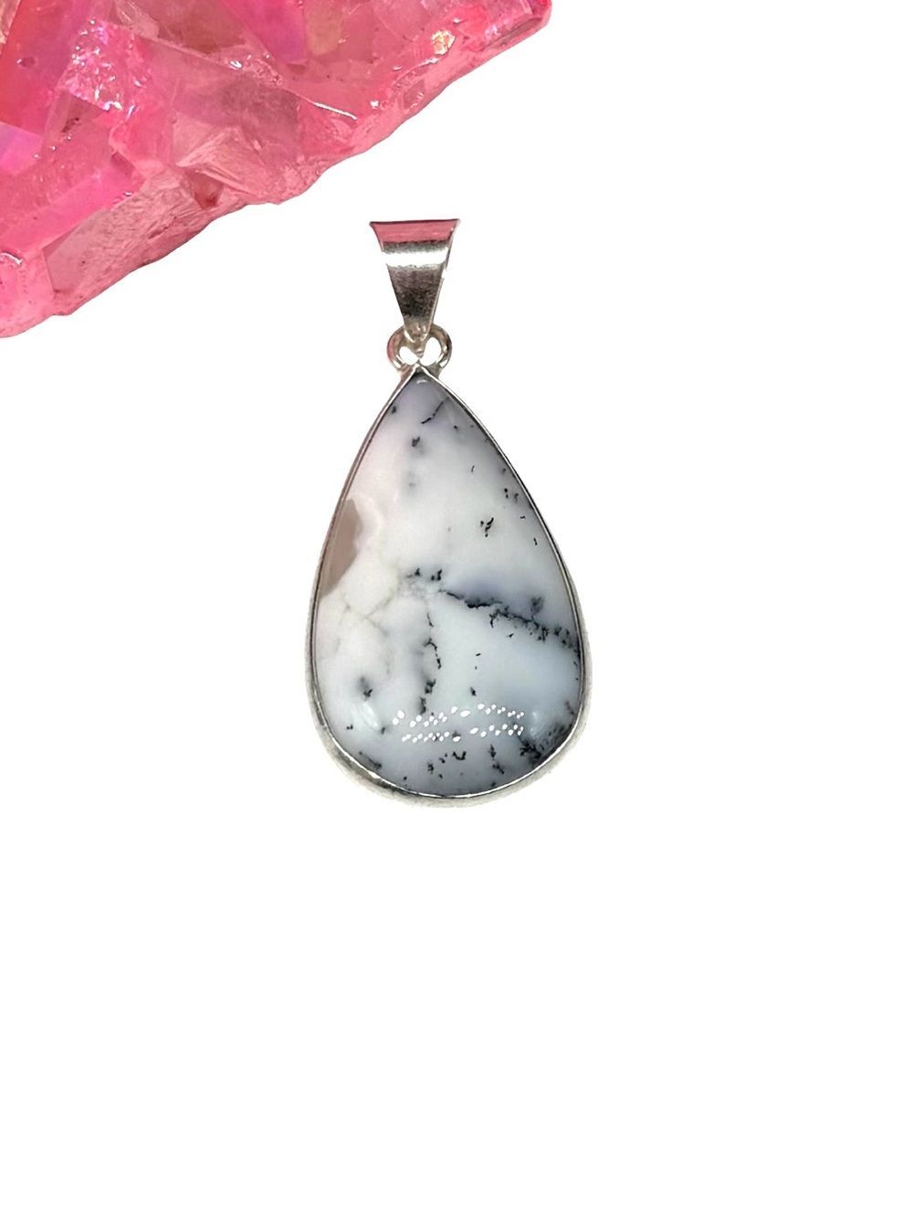 Dendritic Opal Necklace Pendant 925 Sterling Silver Overlay